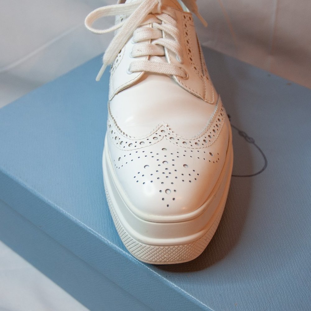 Prada White Leather Wingtip Oxfords - Picture 8 of 13
